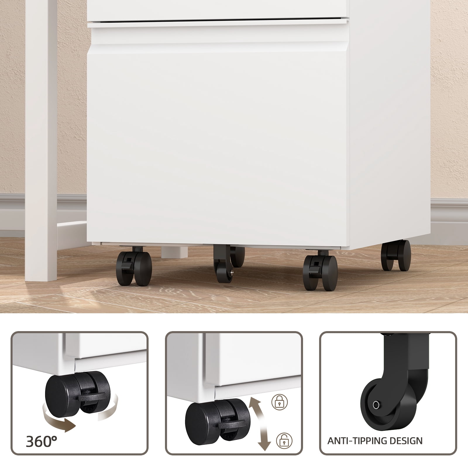 Marcree Filing Cabinet 2 Drawer,Metal Filing Cabinet with Lock,Under Desk Storage Cabinet with Wheels,Rolling File Cabinet for Legal/Letter File,White