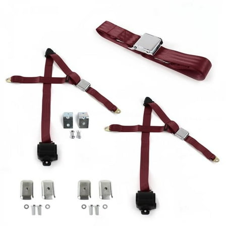 SafeTBoy Airplane 3 Point Burgundy Retractable Bench Seat Belt Kit with Bracketry for Ford Thunderbird 1958-1960 - 3 Belts