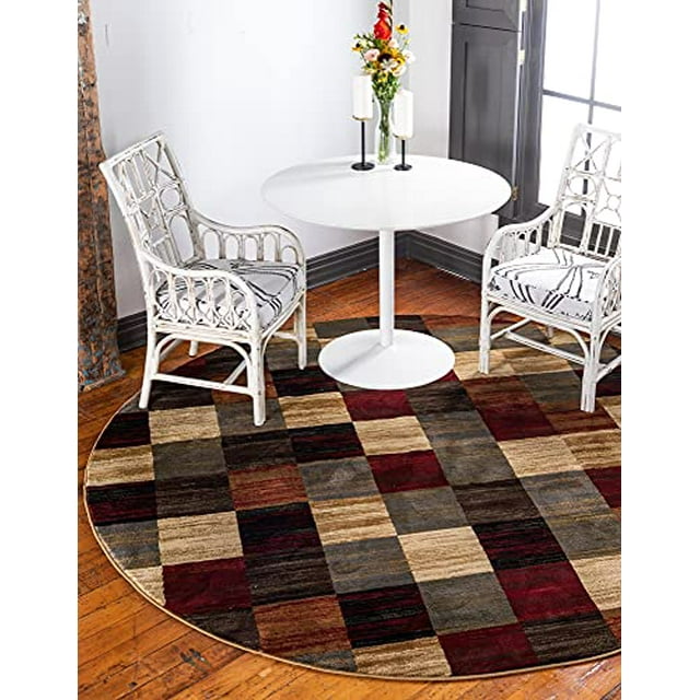 Unique Loom Barista Collection Modern Checkered Contemporary Rug_COF001, 8' Round, Multi/Beige
