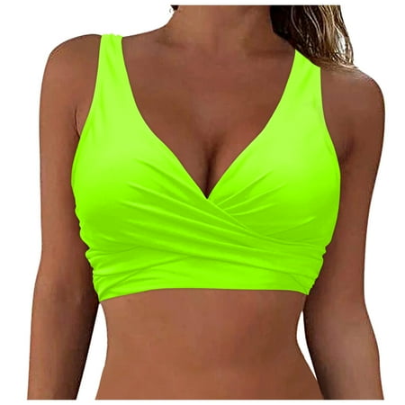 Durtebeua Women s Bikini Top Lace Up Crisscross Swim Crop Tops High Neck Swimsuit Bra Padded Yellow 2XL