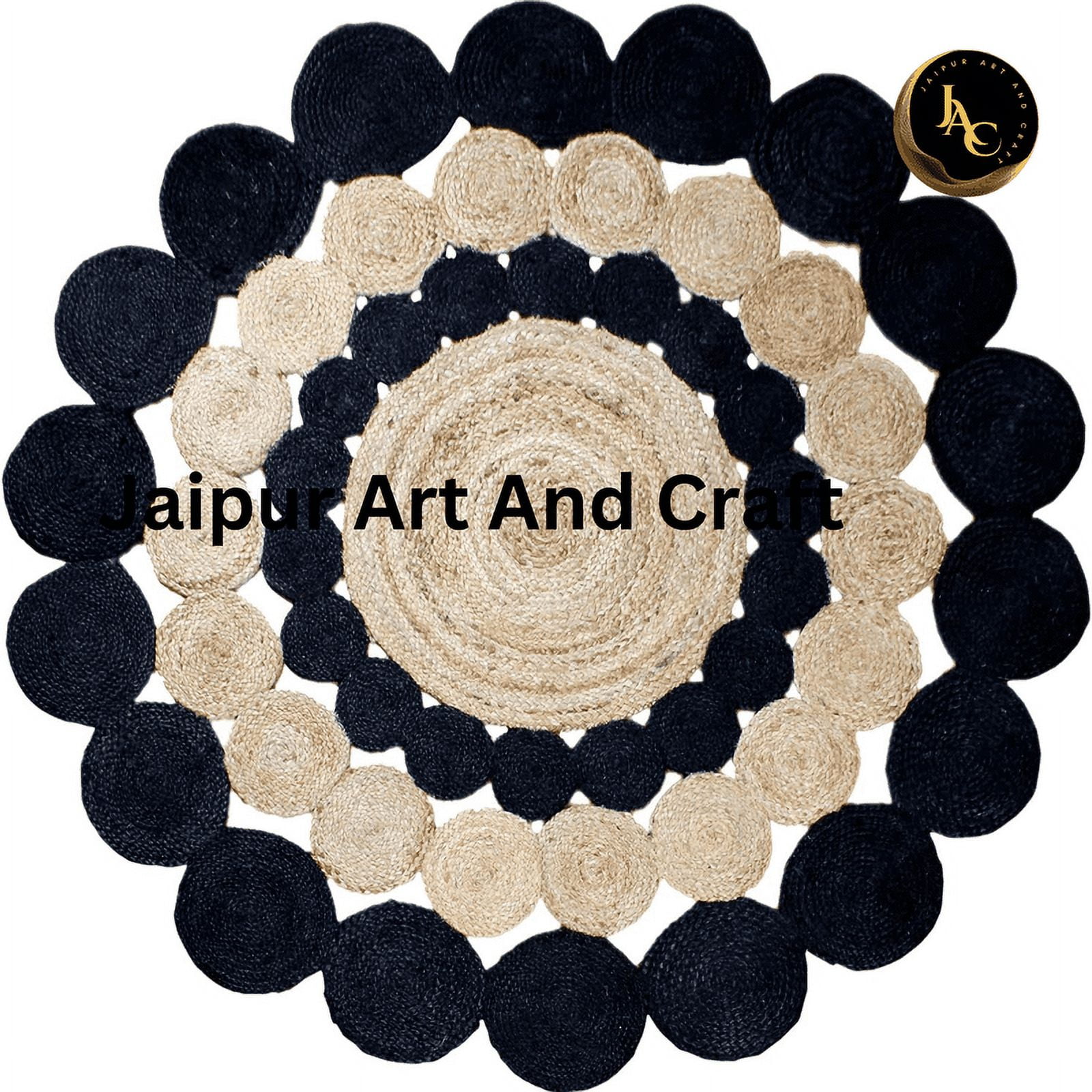 Jaipur Art And Craft Handmade Indian Natural Jute Rug Geometric Beige and Black Round Area Rug (7x7 Sq Ft)