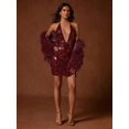thumbnail image 3 of Women Burgundy Sequin Mini Dress Deep V-Neck Halter Neck Backless Party, 3 of 6