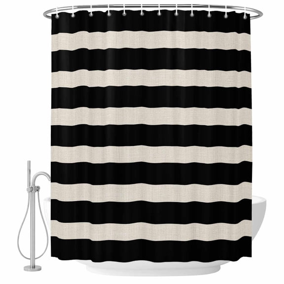 White Black Striped Bathroom Shower Curtains with Hooks, Simple Stripes Linen Texture Vintage Waterproof Fabric Washable Shower Curtain for Home Hotel Bathtub Decor 36x72 Inch