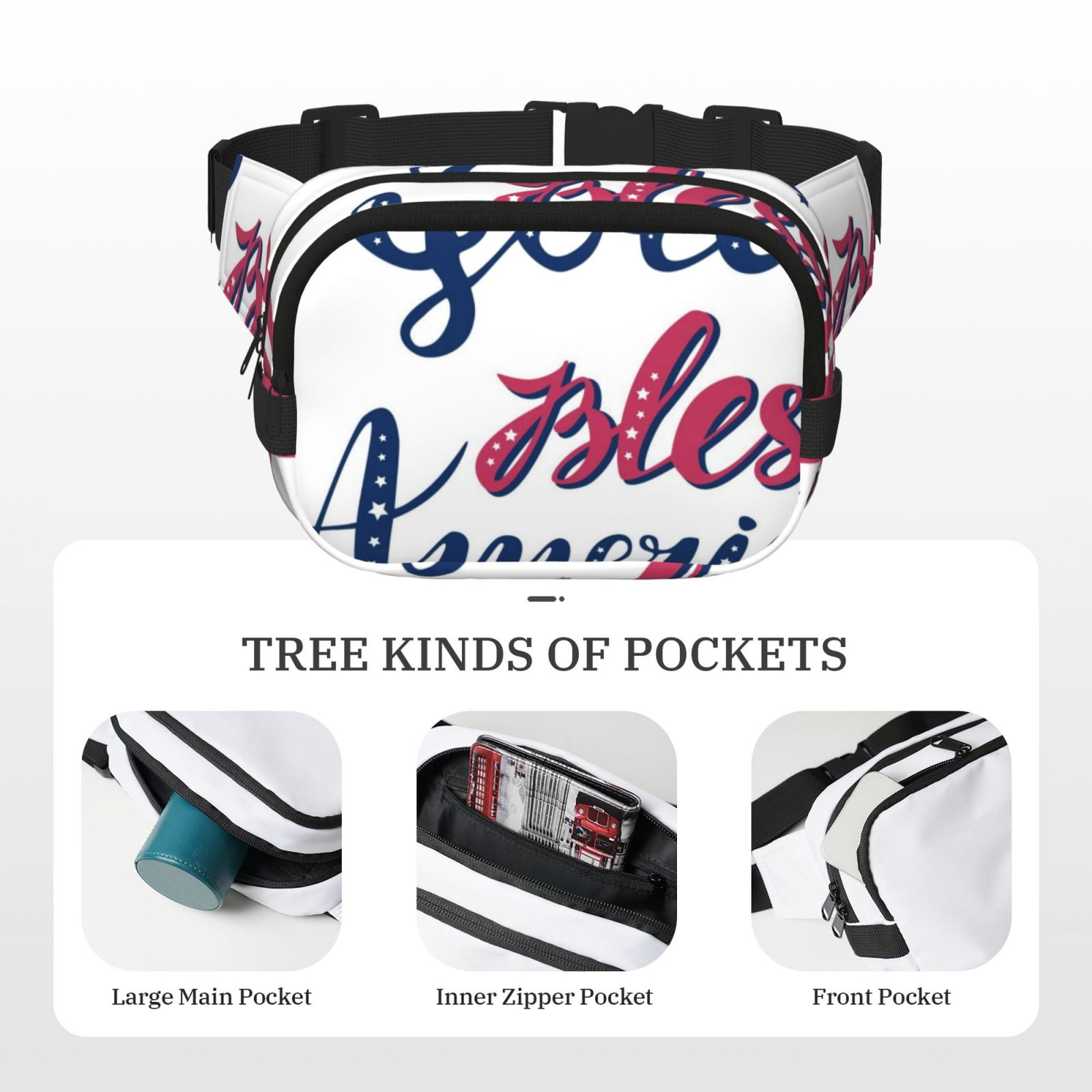 Picia God Bless America Patriotic Star Print Square Double-Layer Waist Bag Mini Adjustable Waist Belt Bag Exercise Running Travel Hiking