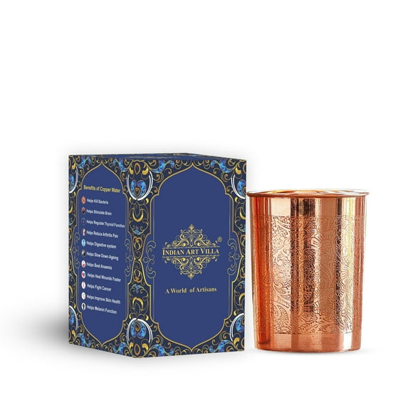 Indian Art Villa Handmade Copper Embossed Design Drinking Glass, Brown Finish, Drinkware – 9.3 oz