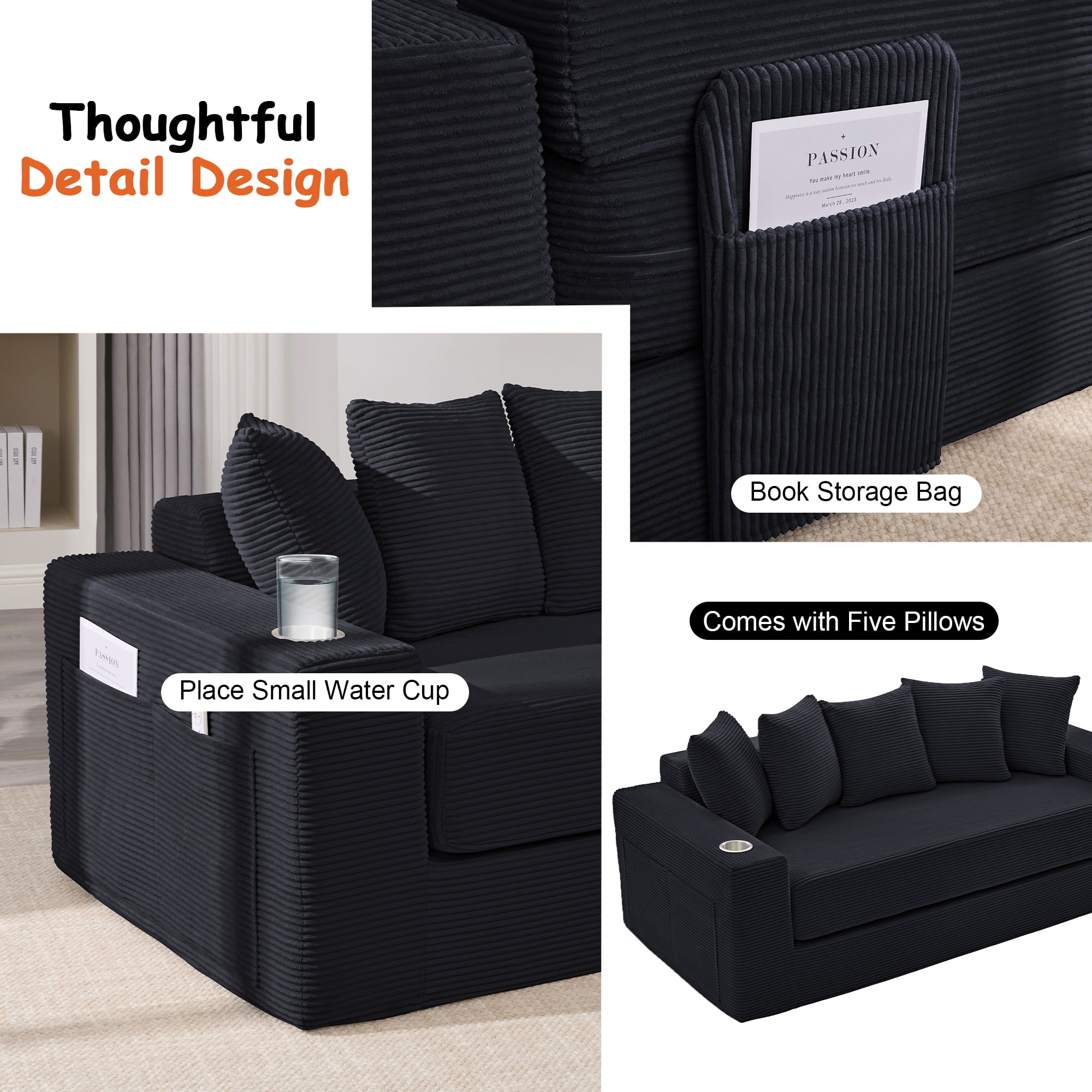 Leumius 76" Convertible Sofa Bed,Corduroy Boneless Couch with Cup Holders & Pocket,2-in-1 Sleeper Sofa Pull-out Couch Bed with 5 Pillows, Living Room, Small Spaces, Bedroom, No Assembly,Black