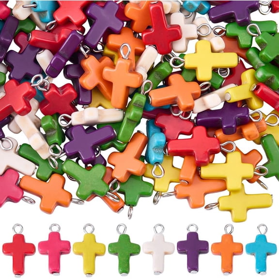 1 Box 100Pcs Turquoise Charms Color Crosses Charms Bulk Colorful Random Dyed Alloy Ring Stones Easter Crucifix Pendants
