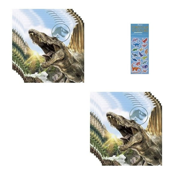 Jurassic world Birthday Party Supplies Bundle Pack includes 32 Lunch Paper Napkins and 1 Dinosaur Sticker Sheet