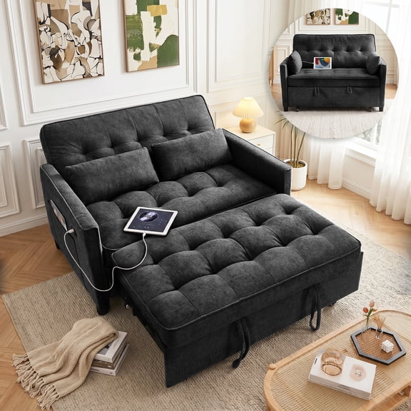 avobird 55'' 3 in 1 Pull Out Sofa Bed, Convertible Couch with Adjustable Backrest/Side Pockets/USB Charging Ports, Sleeper Sofa for Living Room, Black