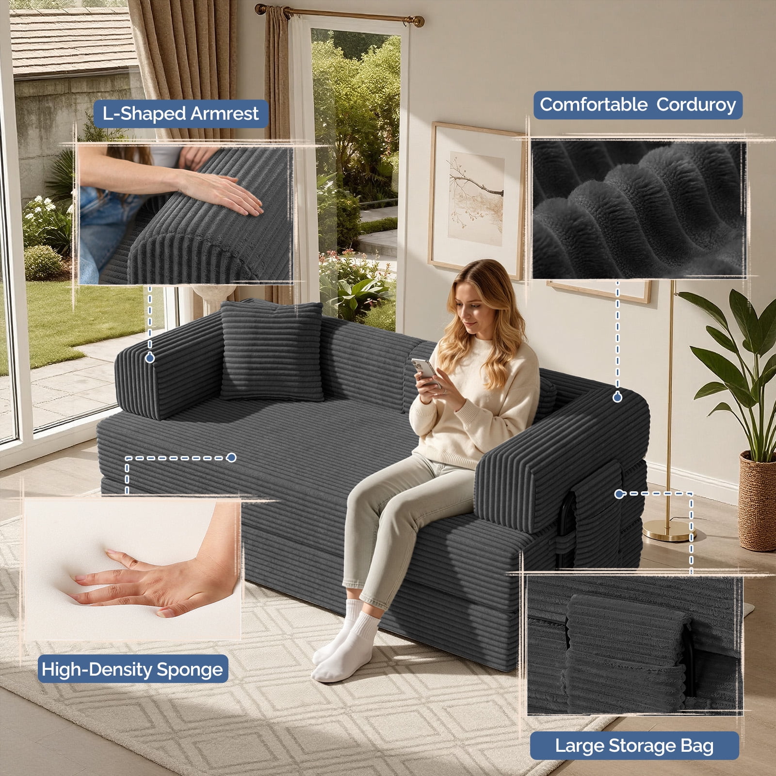 Daluvenix 4-in-1 Folding Convertible Sofa Bed 81 Inch Oversized Corduroy Upholstered Boneless Couch Loveseat Sleeper with Pull Out Bed Dark Gray