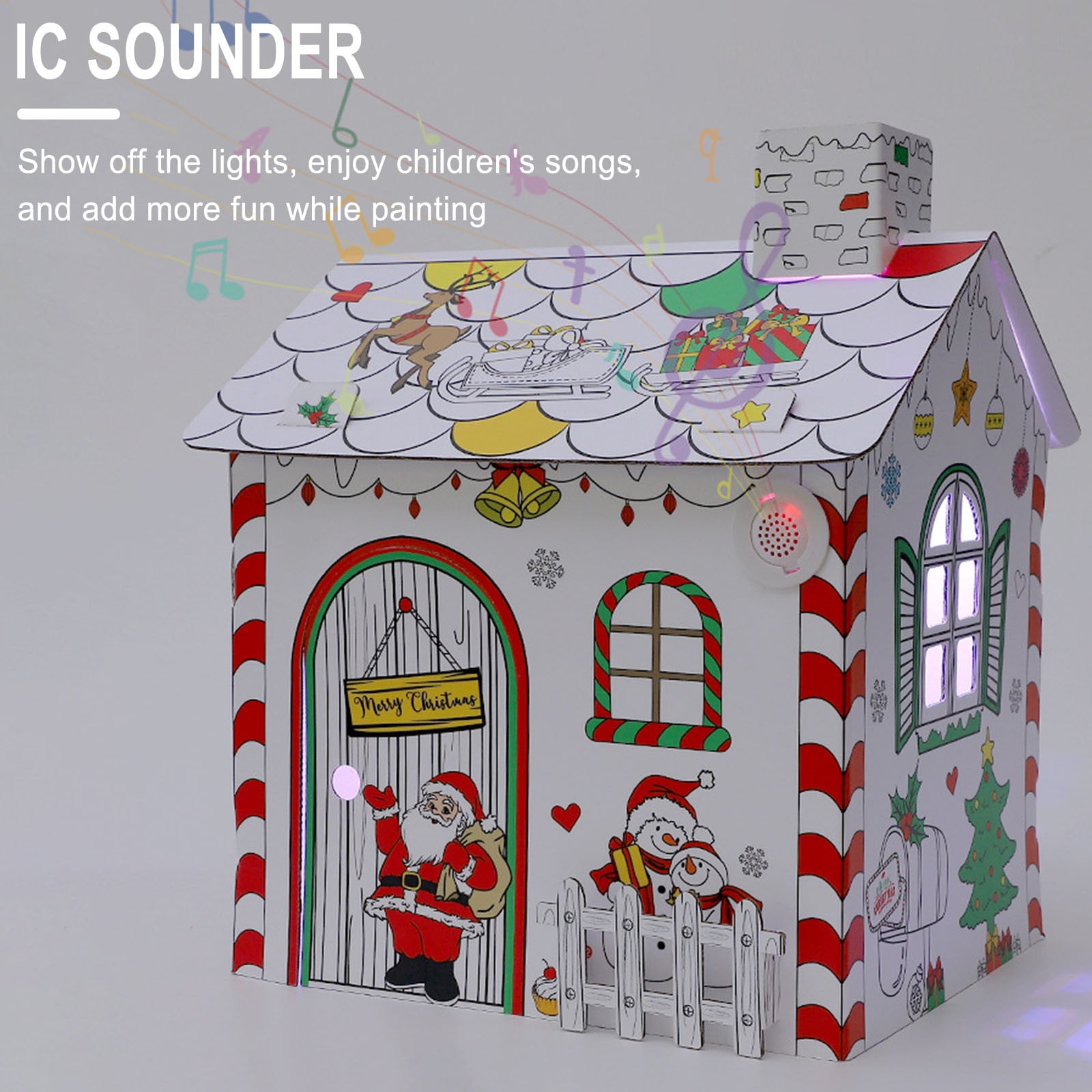 LED Light Up Cardboard Playhouse, DIY Coloring Christmas Cottage with Music, Foldable Paintable Craft Kit for Kids, Complete Art Project with Watercolor Brushes, Interactive Creative Building