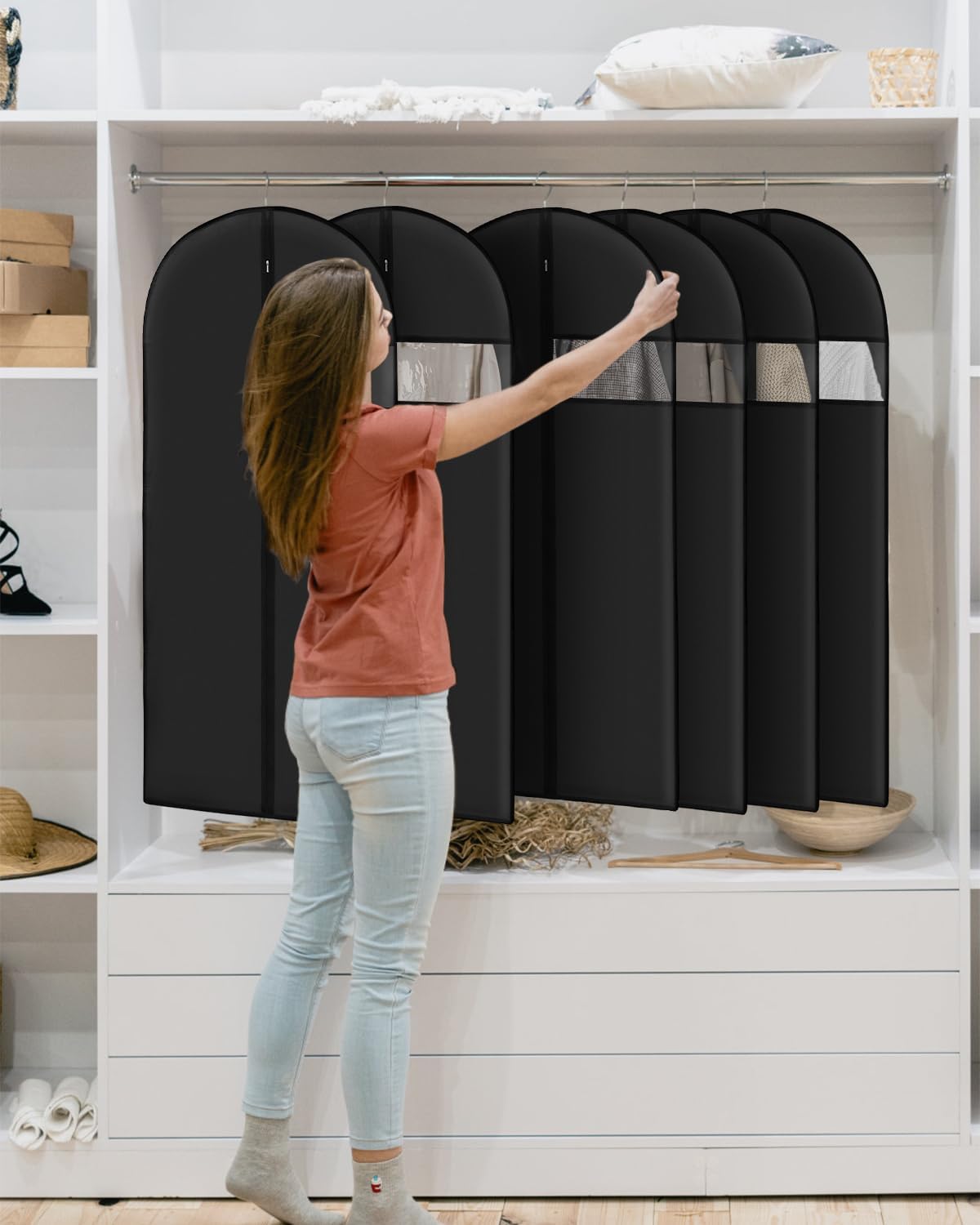 Garment Bags for Hanging Clothes 8 packs Washable Black Suit Closet Storage and Travel with Clear Window (43 inches)