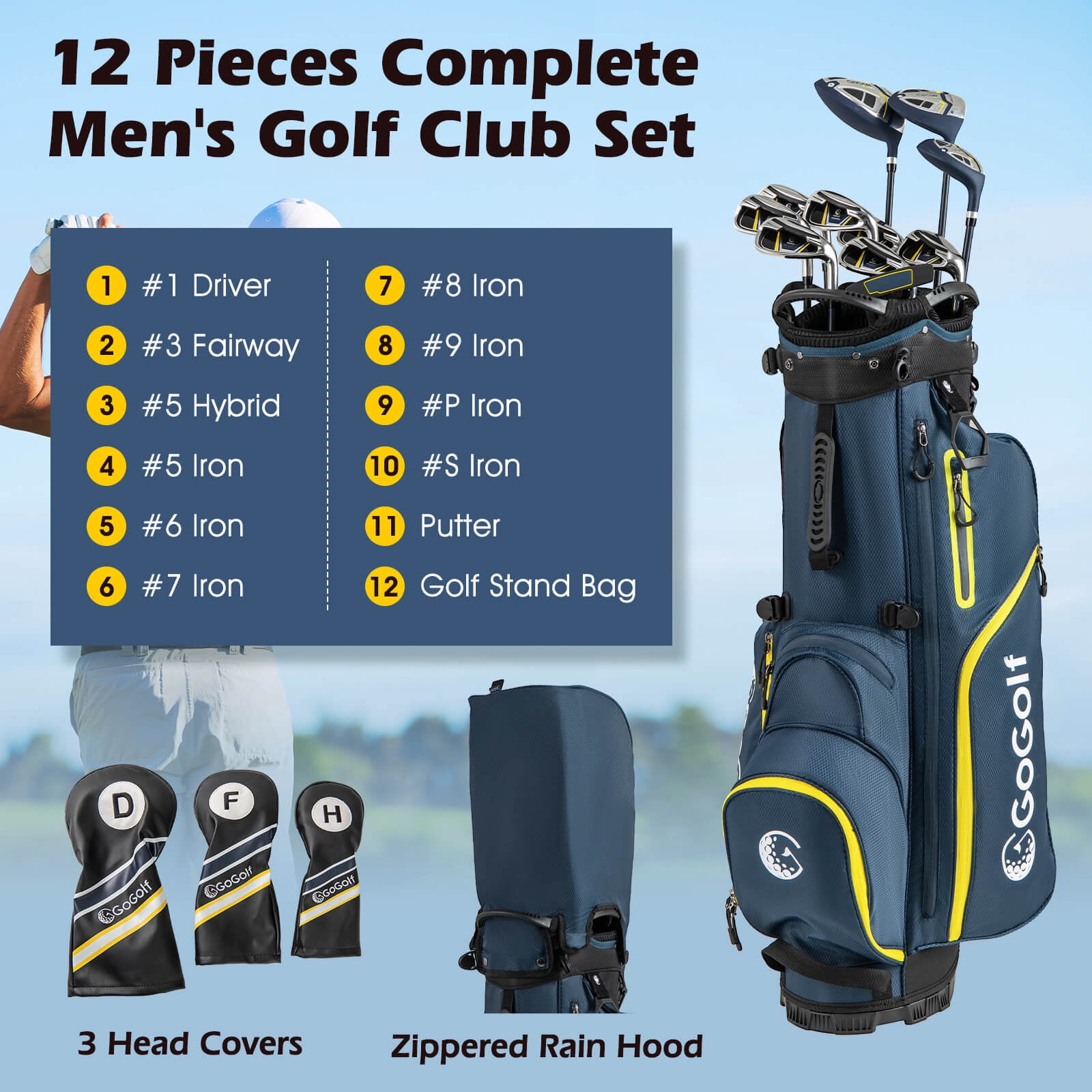 Costway 12 Pieces Men's Complete Golf Club Set Right Hand 460CC #1 Driver & #3 Fairway
