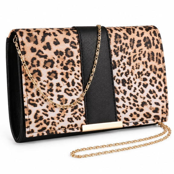 Women’s Leopard Print Clutch Purse with Detachable Chain Strap, PU Leather Evening Handba