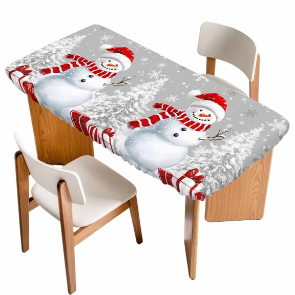 Grey Christmas Table Cloths for 4 Foot Rectangle Tables, Snowman Snowflake Gifts Xmas Tree Patio Waterproof Elastic Fitted Tablecloths, Washable Rectangular Table Cover for Camping