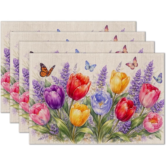 Spring Placemats Set of 4 12x18 inch Tulip Floral Butterfly Table Mats for Dining Linen Placemats Farmhouse Kitchen Decorations Desk Mat for Outdoor Home Party Kitchen Seasonal