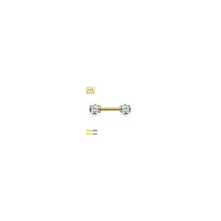 Pair 14K Gold Nipple Bar - Double Prong Set AAA CZ Gems - 14ga-1/2"(12 mm)
