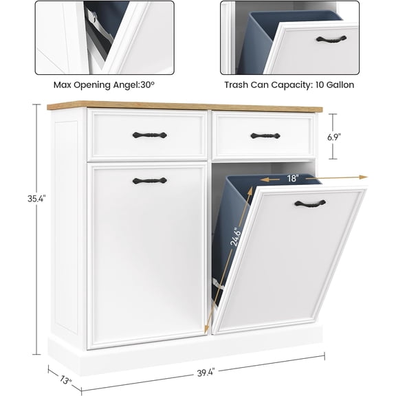 Acekid Double Trash Cabinet Tilt Out Hidden Trash Storage Cabinet 20 Gallon Pet-Proof Wooden Garbage Recycling Bin Cabinet Freestanding Garbage Can Cabinet For Kitchen Dining Living Room White