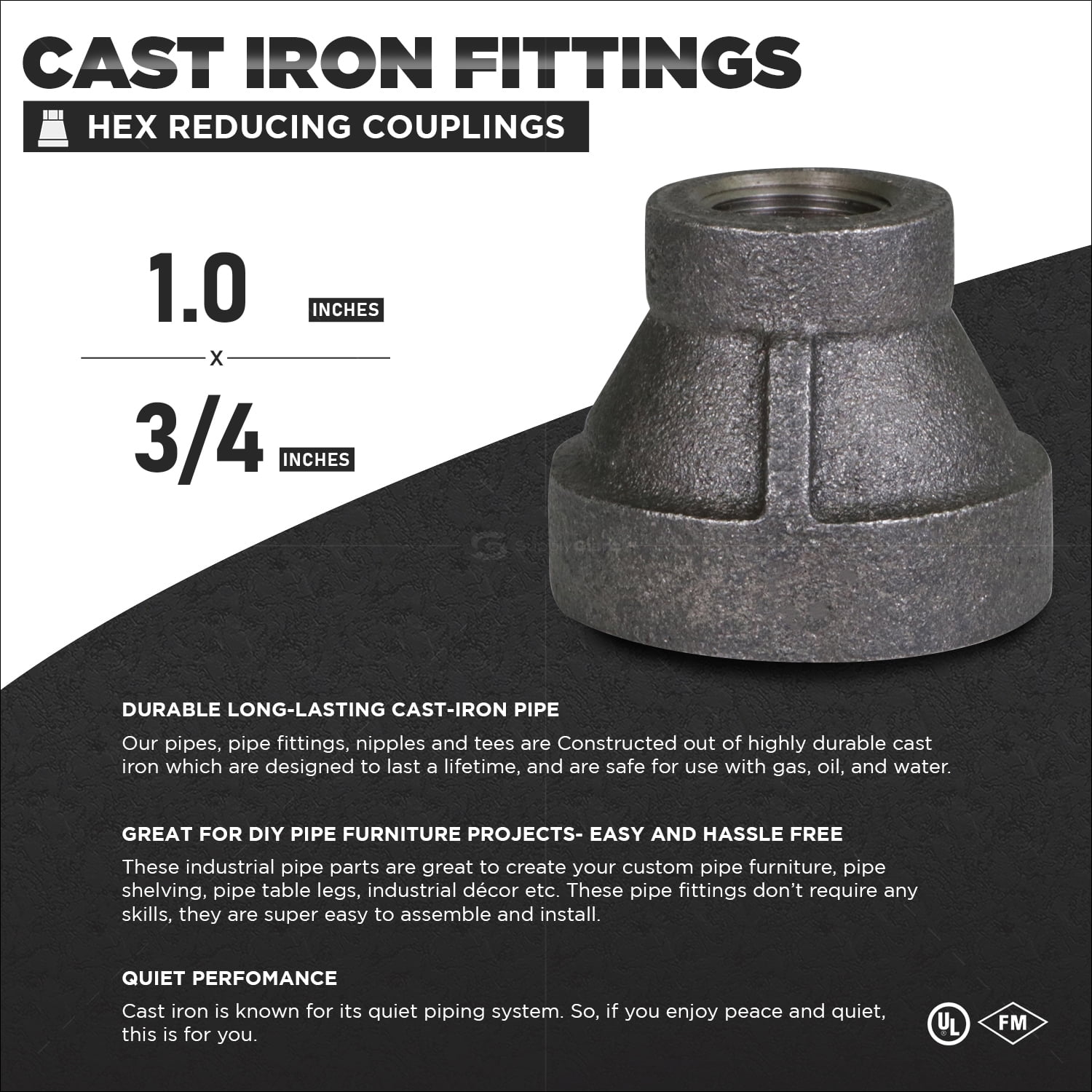 Supply Giant 1" x 3/4" Black Pipe Fitting Hex Reducing Coupling Cast Iron