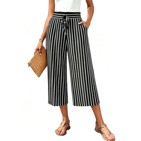 VDJ Womens Dress Pants Ruffle Elastic Waist Drawstring Flowy Capris Pants Striped Printed Business Work Straight Pants Size XL