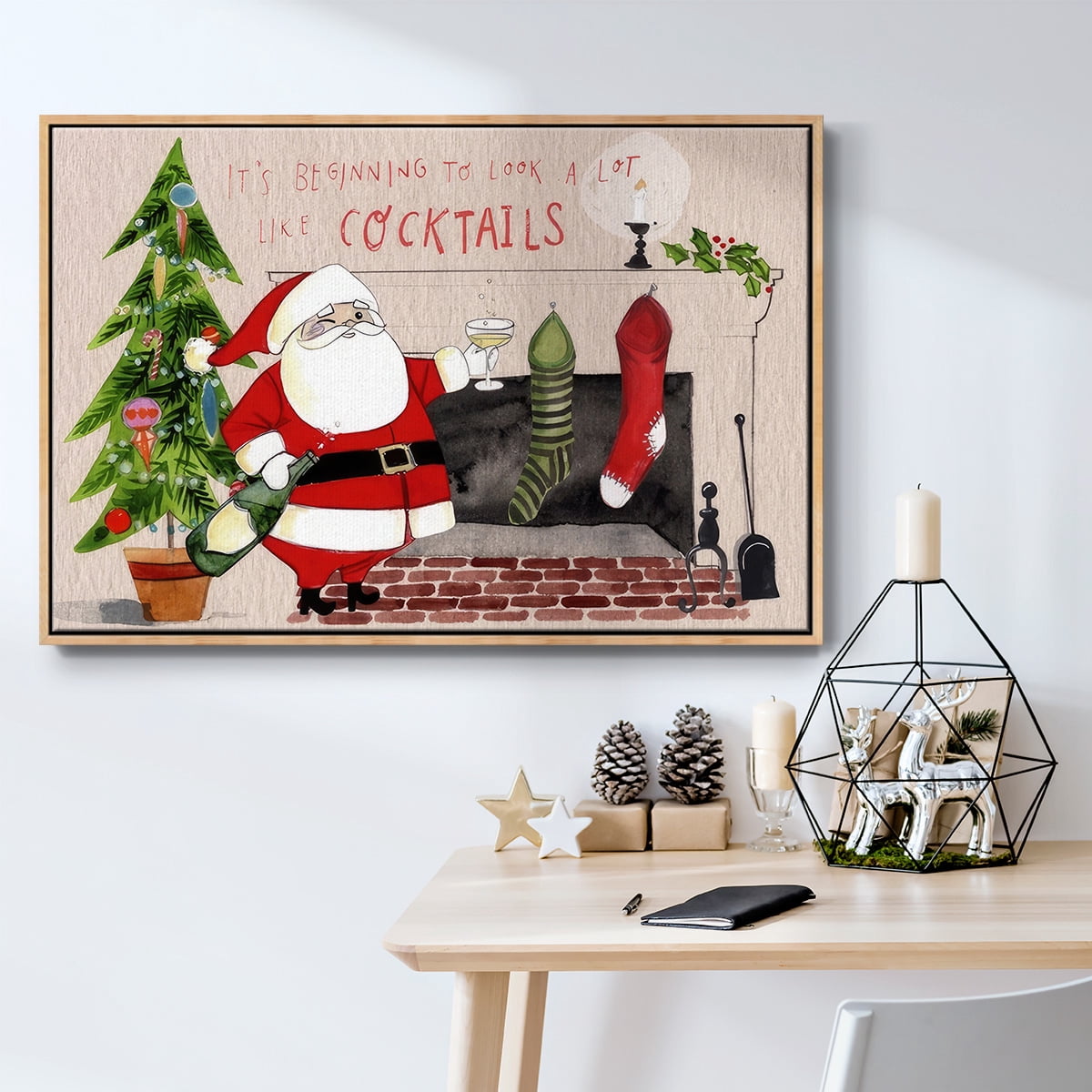 Get Blitzened Collection A - Framed Gallery Wrapped Holiday Canvas - 17 x 25 - Natural Wood Frame