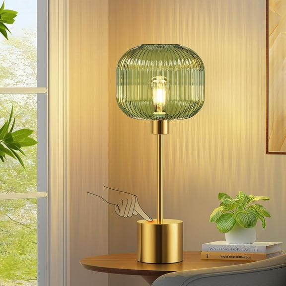 Glass Table Lamp for Living Room, Modern Bedside Lamp with Green Ribbed Glass Shade, 3-Way Dimmable Touch Control Nightstand Lamp for Bedroom, Brushed Gold (2700K LED Bulb Included)