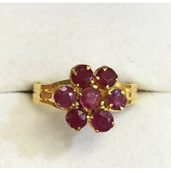Natural Red Ruby Flower Ring Ladies Ring 14K Solid Yellow Gold Plated Silver