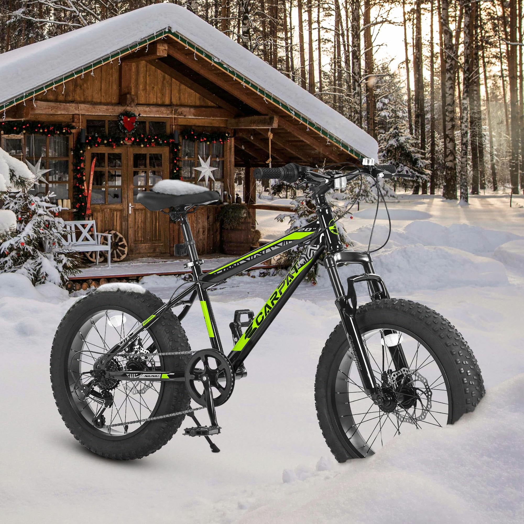 63'' Mountain Bike,High Carbon Steel Frame,Disc Brakes,Durable Wide Tires, Front Suspension,7-Speed,Ideal for Snow and Off-Road Riding,20'' Wheel Hub,Black+Green