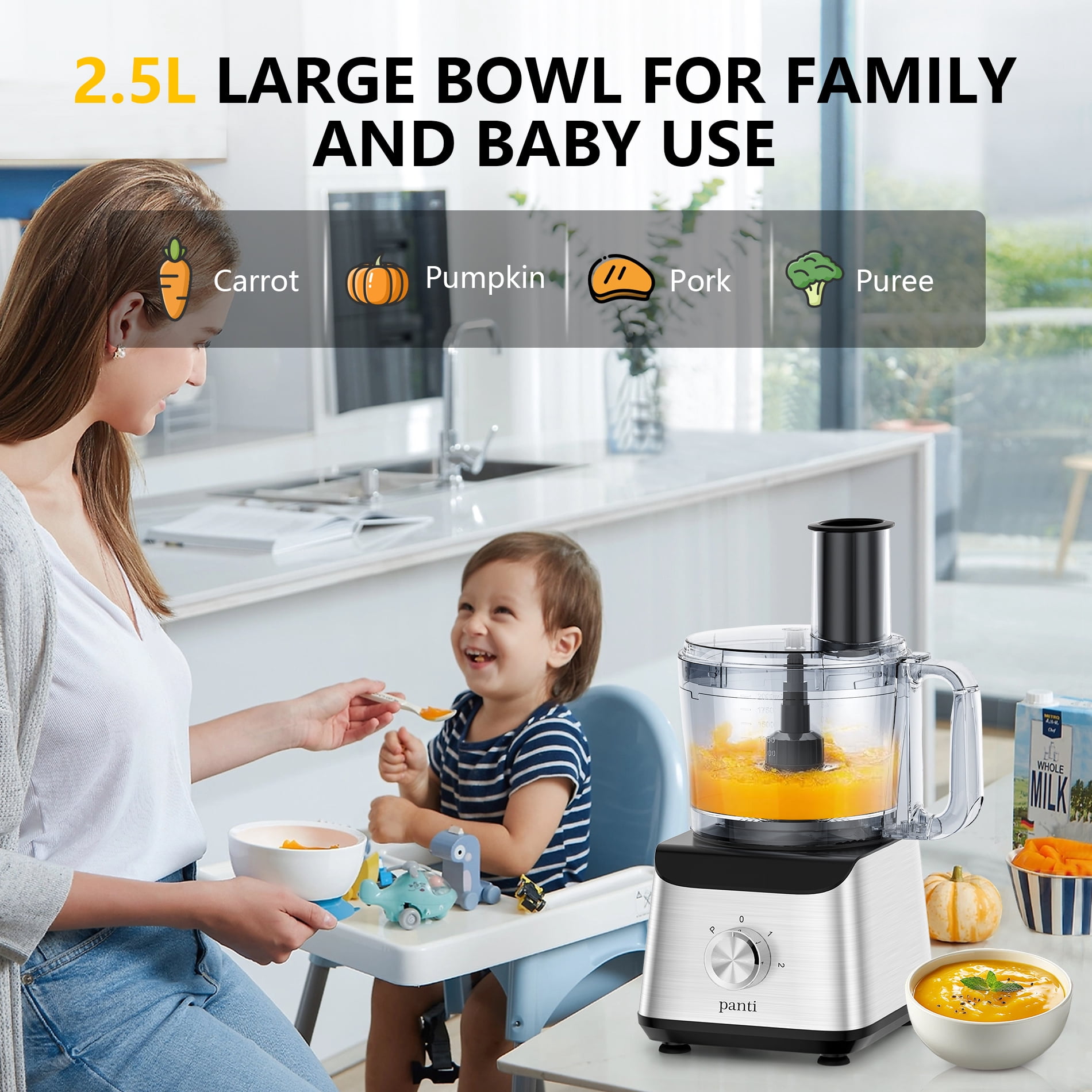 PANTI 12 Cups Food Processor & Vegetable Chopper for Slicing,Shredding,Mincing,Puree,Mixing and Doughing, + Easy Clean Bowl Scraper