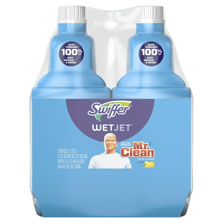 Swiffer WetJet Hardwood Mopping and Cleaning Solution Refills, All Purpose Cleaning Product, with the Power of Mr. Clean, Lemon, 2 count, 1.23 L