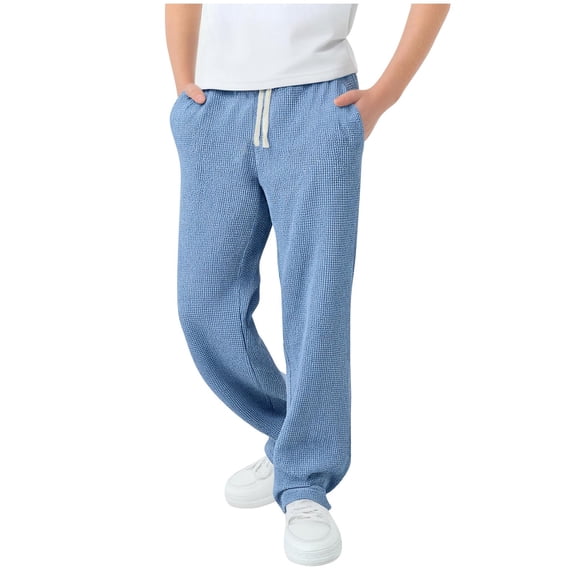 Fesfesfes Boys Solid Color Elastic Waist Knit Sweatpants With Side Pockets Kids Winter Casual Sports Pants Long Pants For Children Comfortable Soft Breathable Home Wear(Light Blue,14-15 Years)