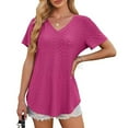 thumbnail image 5 of XuJwPNcy Womens Eyelet T Shirts V Neck Short Sleeve Casual Tops Loose Basic Tees with Curved Hem, 5 of 7