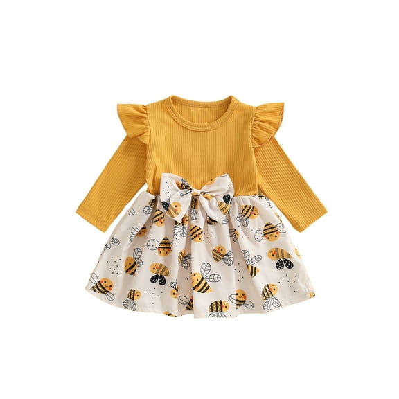 BemeyourBBs Baby Girl Bee Print Long Sleeve Dress for Infant Cute Toddler Outfit