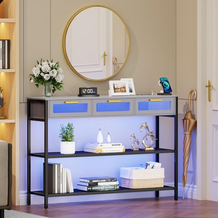 Console Table with LED Light, Entryway Table with Storage Drawers & Shelves, Narrow Long Sofa Table with Charging Ports for Living Room/Bedroom/Hallway, Grey