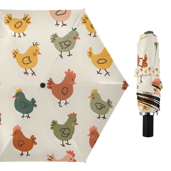Cute Hand Drawn Chicken Compact Sun Umbrella Windproof Travel Umbrellas for Rain Strong Portable UV Protection