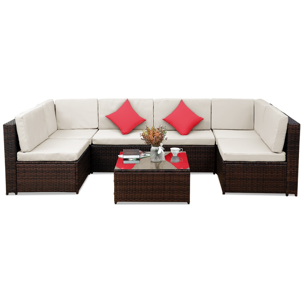 Wicker Patio Sets on Clearance for Outdoor Furniture, 2019 Upgrade 7-Piece Conversation Furniture Set w/2 Corner Sofa, Tempered Glass Table, 4 Single Sofa, 12 Padded Cushions, 2 Pillows, White, S5164 - image 3 of 7