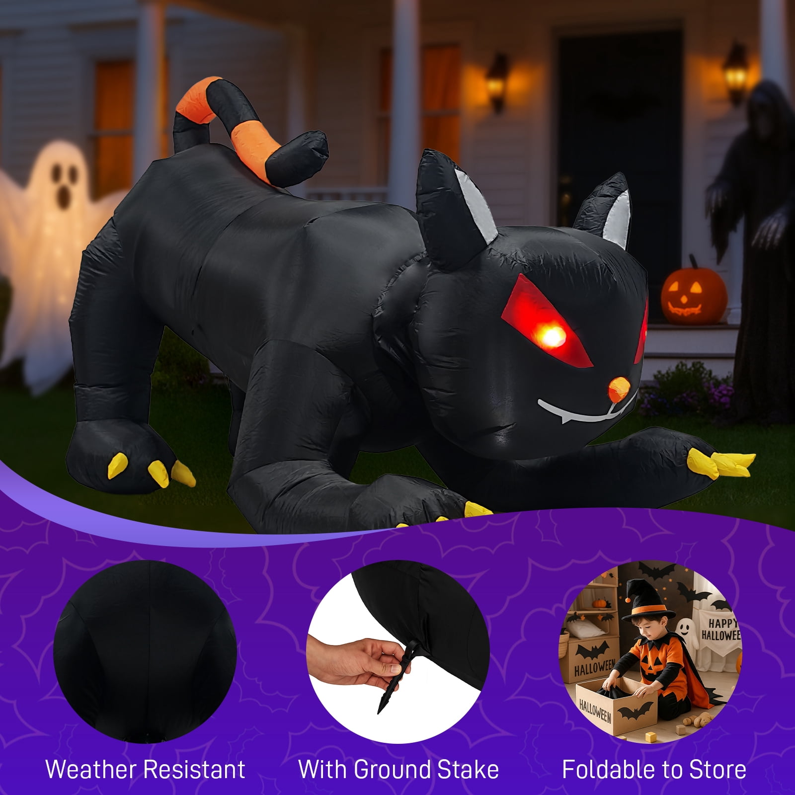 6.5 FT Halloween Inflatables Animated Black Cat with Shakable Head, Outdoor Decorations Blow Up Yard Decor with Built-in LEDs for Indoor Party Garden Lawn Decor