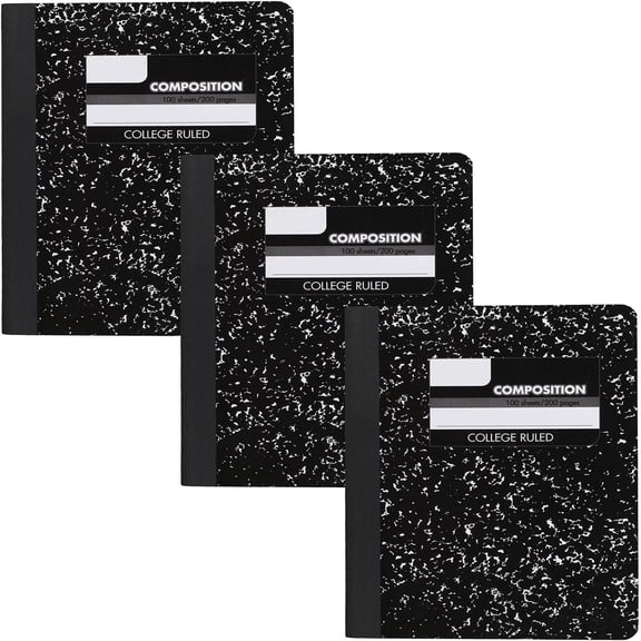 Composition Notebook, 3 Pack, College Ruled Paper, 7-1/2" x 9-3/4", 100 Sheets per Comp Book, Black Marble