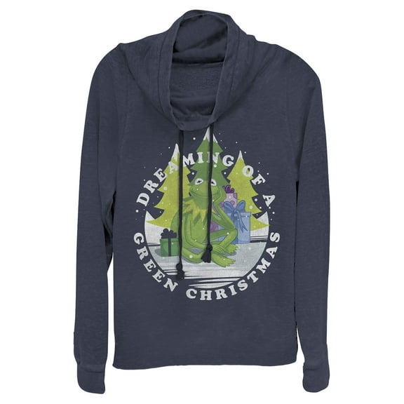 Junior's The Muppets Dreaming of a Green Christmas Cowl Neck Sweatshirt Navy Blue 4X Large