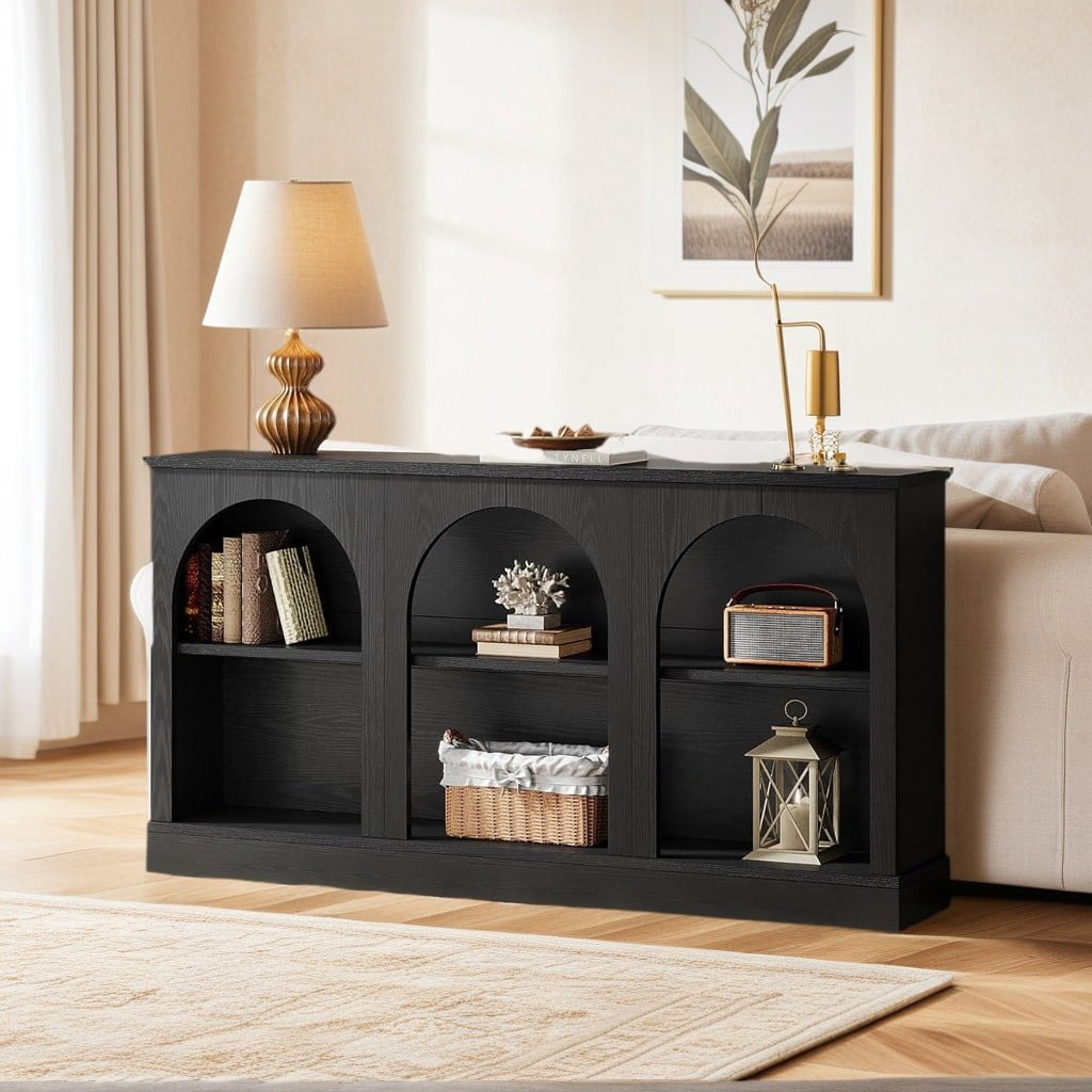 Resenkos Modern Black Console Table, Entryway & Living Room, Wooden Design, Arched Shelf, Stylish Display, Space-Saving Elegant, Black