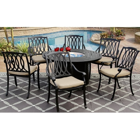 San Marcos Outdoor Patio 7pc Set 50 Inch Round Dining Fire ...
