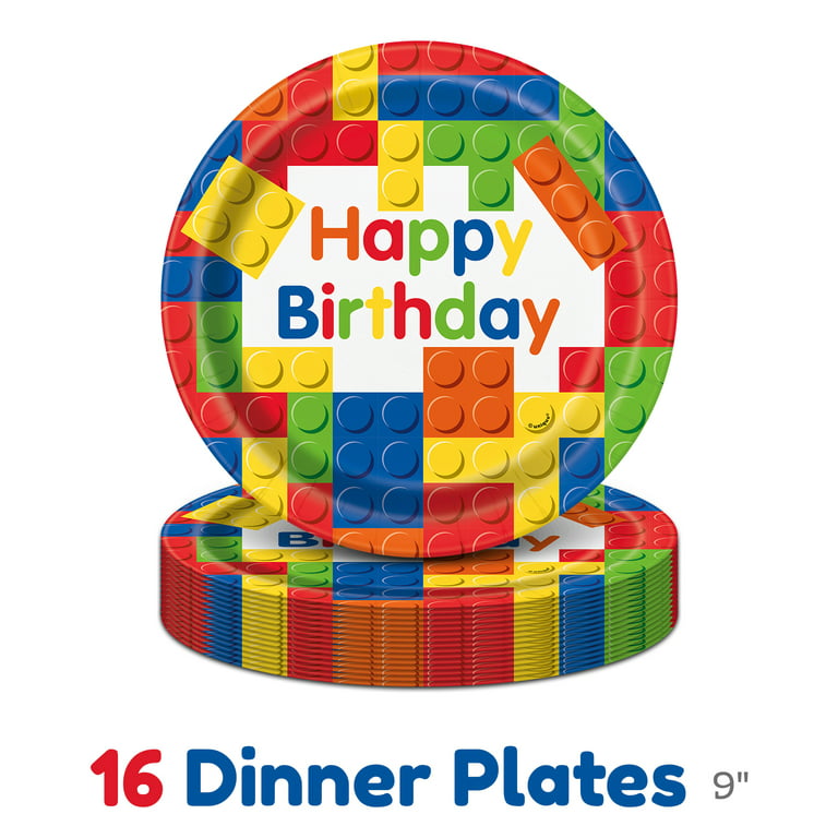 Building Block Birthday Party Supplies Set | Baby Boy Toddler Kids Birthday Brick Decorations – Cups Plates Signs Napkins Balloons Tablecloth
