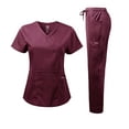 thumbnail image 1 of Dagacci Medical Uniform Women's Scrub Set Natural Stretch Y-Neck Stitch Tape Top and Pants (Burgundy, XX-Large), 1 of 4