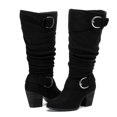 thumbnail image 3 of Love Steetly Women's Extra Wide Calf Knee High Boots, Soft Faux Suede, Two Large Round Buckle Straps, Slouchy Ruched Shaft Textured Stacked Heel Boots., 3 of 8
