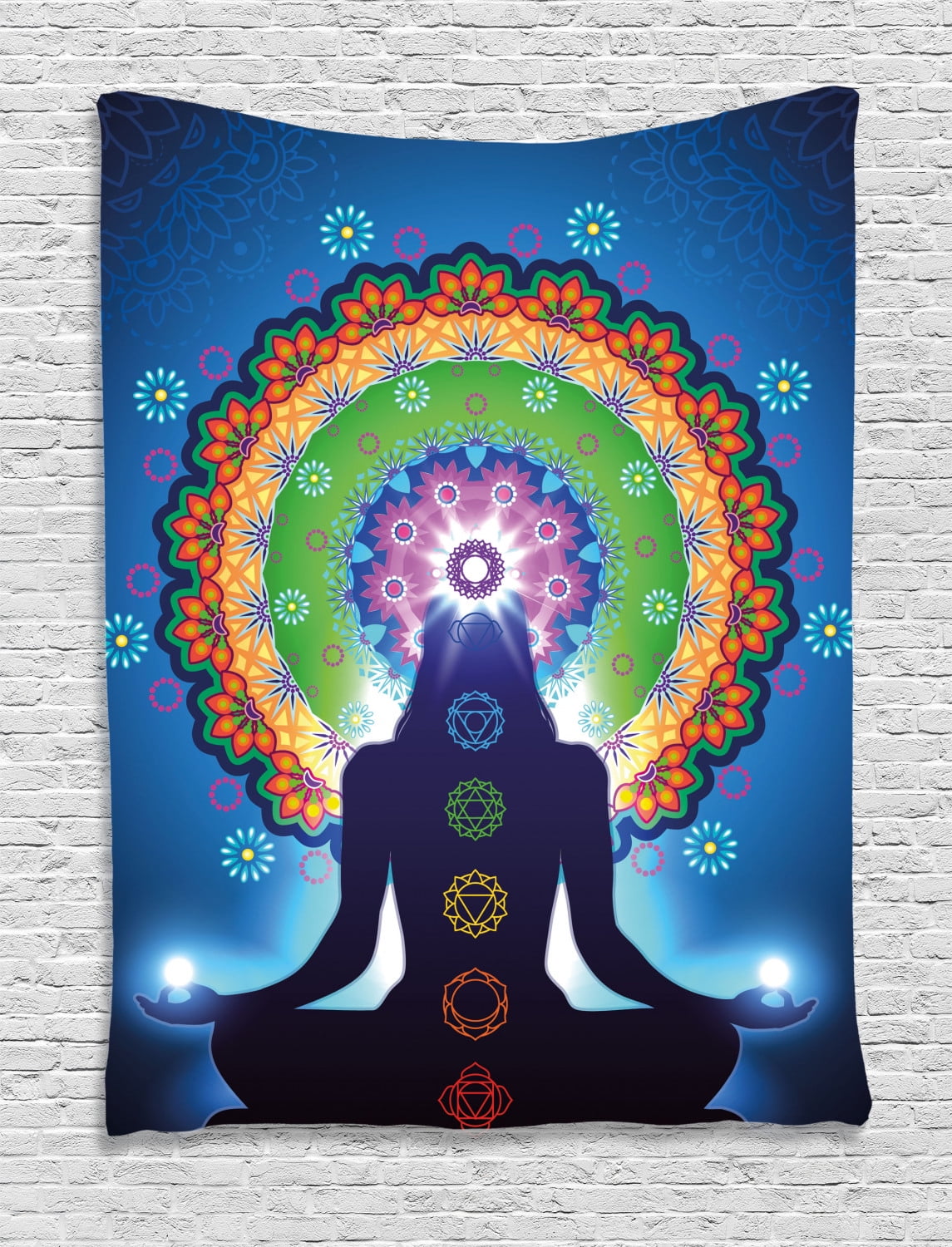 Chakra Tapestry, Silhouette of Woman Doing Yoga with Vertical Blending Effects and Mesh Peace