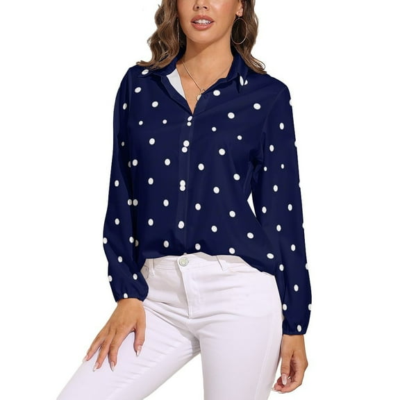 White Free Polka Dots on Navy Blue Background Long Sleeve Blouse Woman Streetwear Casual Shirts Summer Oversize Woman Streetwear Clothing Birthday Present