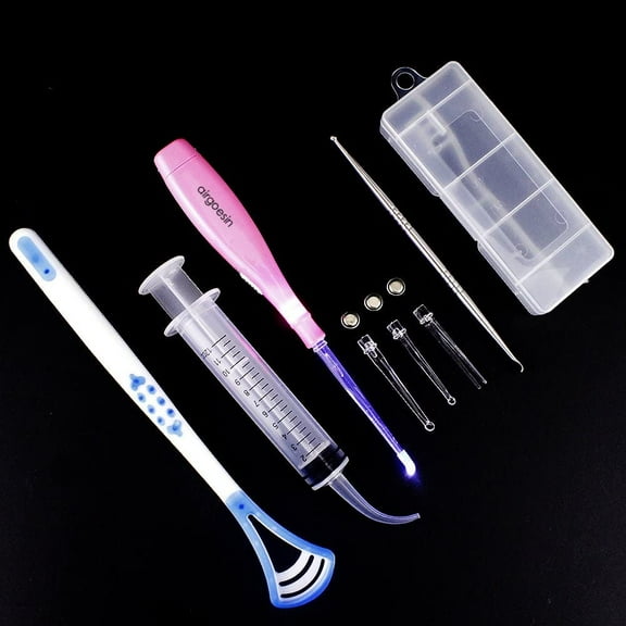 Airgoesin Professional Tonsil Stone Remover Tool LED Light | Stainless Steel Tonsillolith Pick Oral Care | Irrigation Syringe | Tongue Cleaner Scraper (Pink)