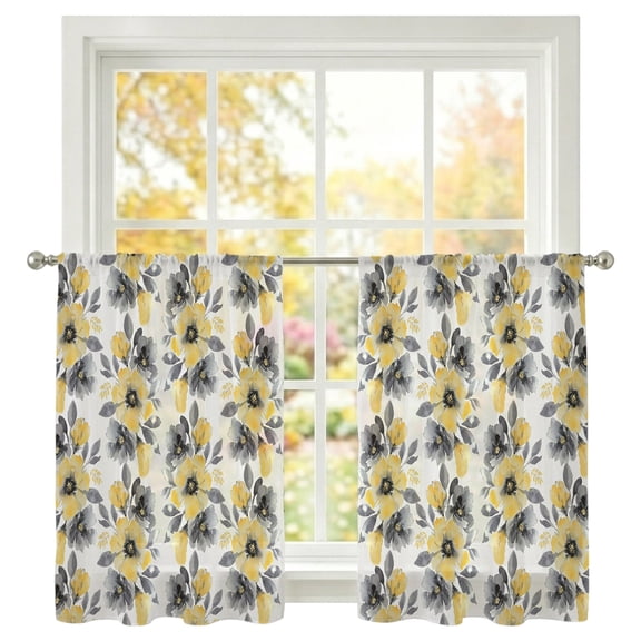 Spring Floral Sheer Curtains 45 Inch Long 2 Panels Watercolor Black Yellow Flowers Rustic Farmhouse Light Filtering Rod Pocket Curtains, Sheer Voile Drapes for Living Room Bedroom 52"x45"