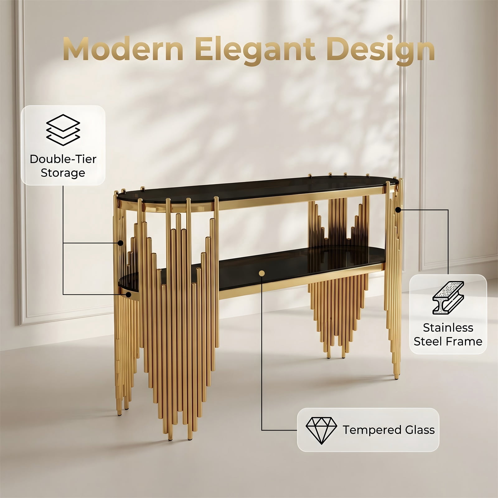 Hommoo Modern Oval Console Table, 2-Tier Tempered Glass Entryway Table with Polished Stainless Steel Frame, Art Deco Hallway or Living Room Accent, Black & Gold