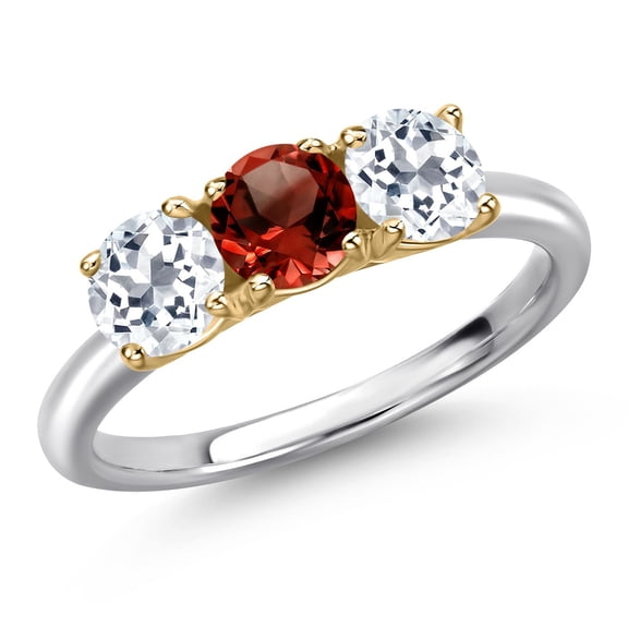 Gem Stone King 925 Silver and 10K Yellow Gold Red Garnet and White Topaz Engagement Ring for Women | 1.75 Cttw | Round 5MM | Gemstone January Birthstone | Size 7